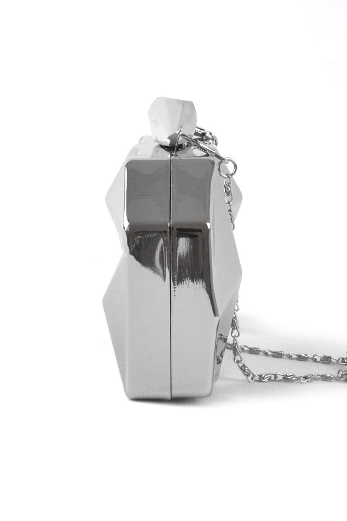 Geometrik Desenli Gümüş Metal Clutch Abiye Çanta KC980-G