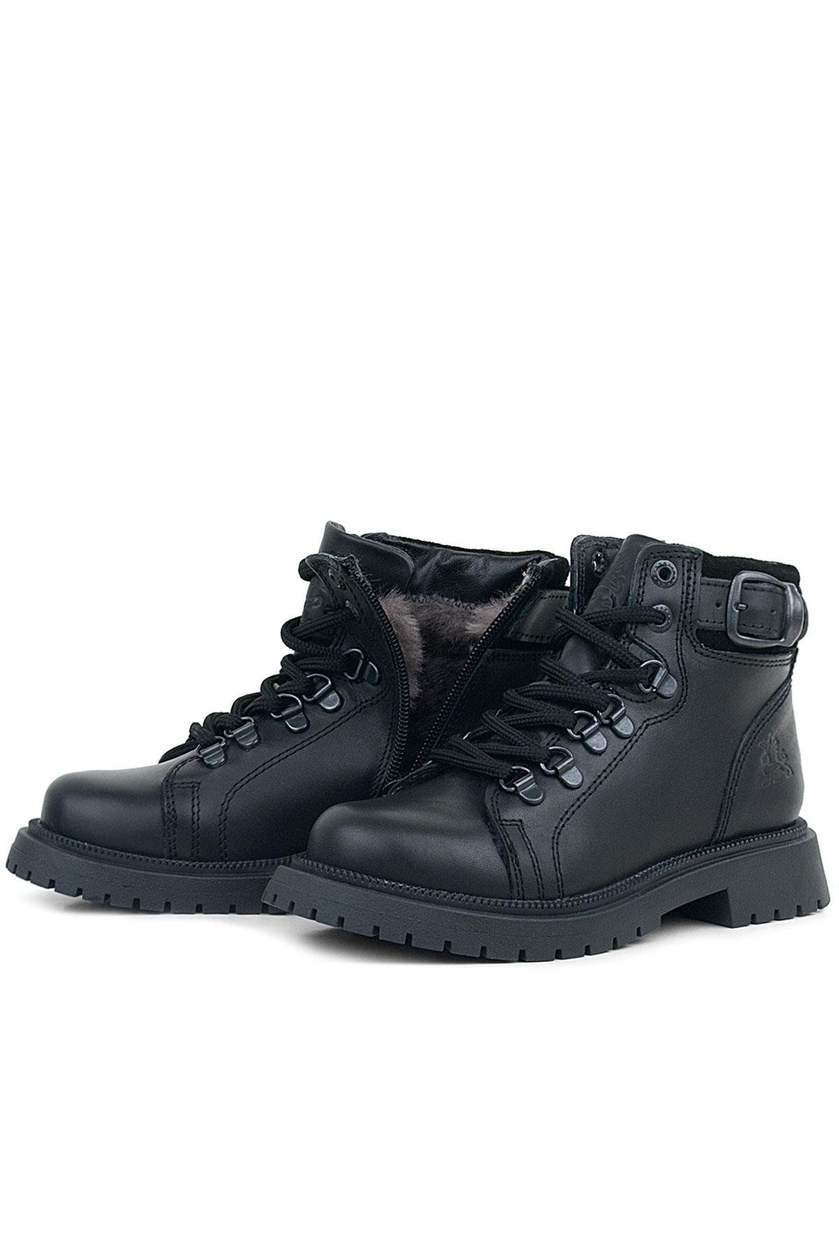 Gerçek Kürklü Hakiki Deri Siyah Bağcıklı Fermuarlı Çocuk Kar Botu 8234-S1-KRK.31