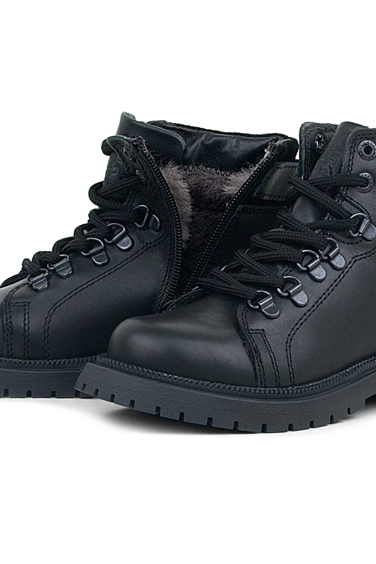 Gerçek Kürklü Hakiki Deri Siyah Bağcıklı Fermuarlı Çocuk Kar Botu 8234-S1-KRK.31