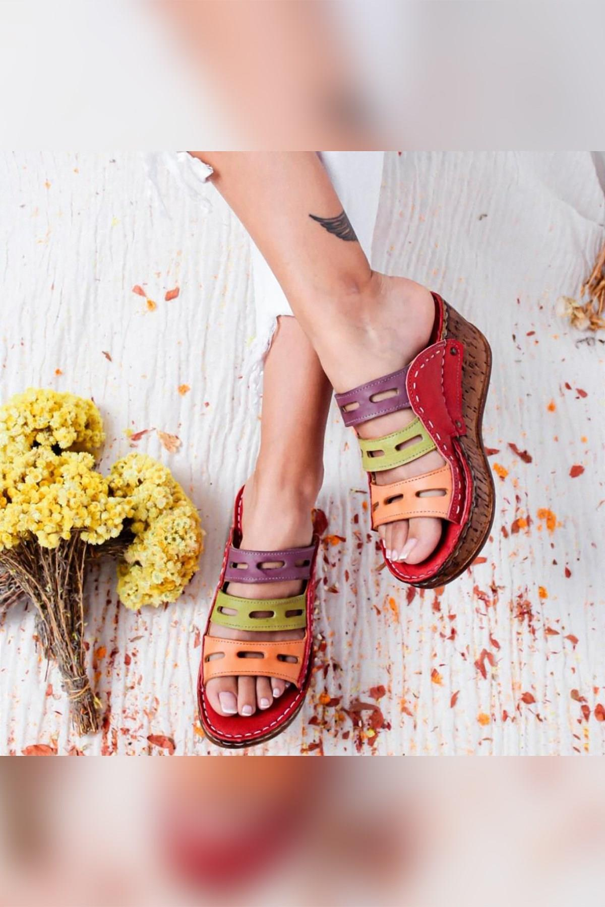 Hakiki Deri Etta Kırmızı Oranj Yeşil Mor Lazer Kesim Terlik (Tam Ortapedik Terlik)