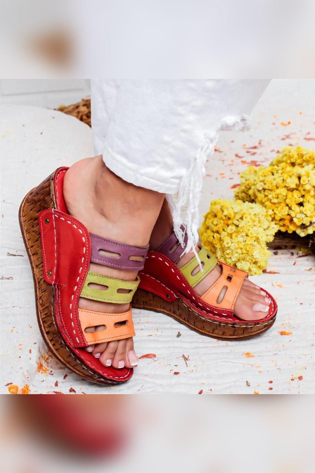 Hakiki Deri Etta Kırmızı Oranj Yeşil Mor Lazer Kesim Terlik (Tam Ortapedik Terlik)