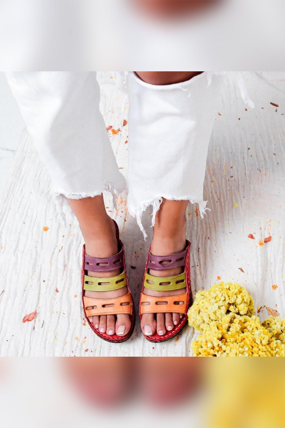 Hakiki Deri Etta Kırmızı Oranj Yeşil Mor Lazer Kesim Terlik (Tam Ortapedik Terlik)