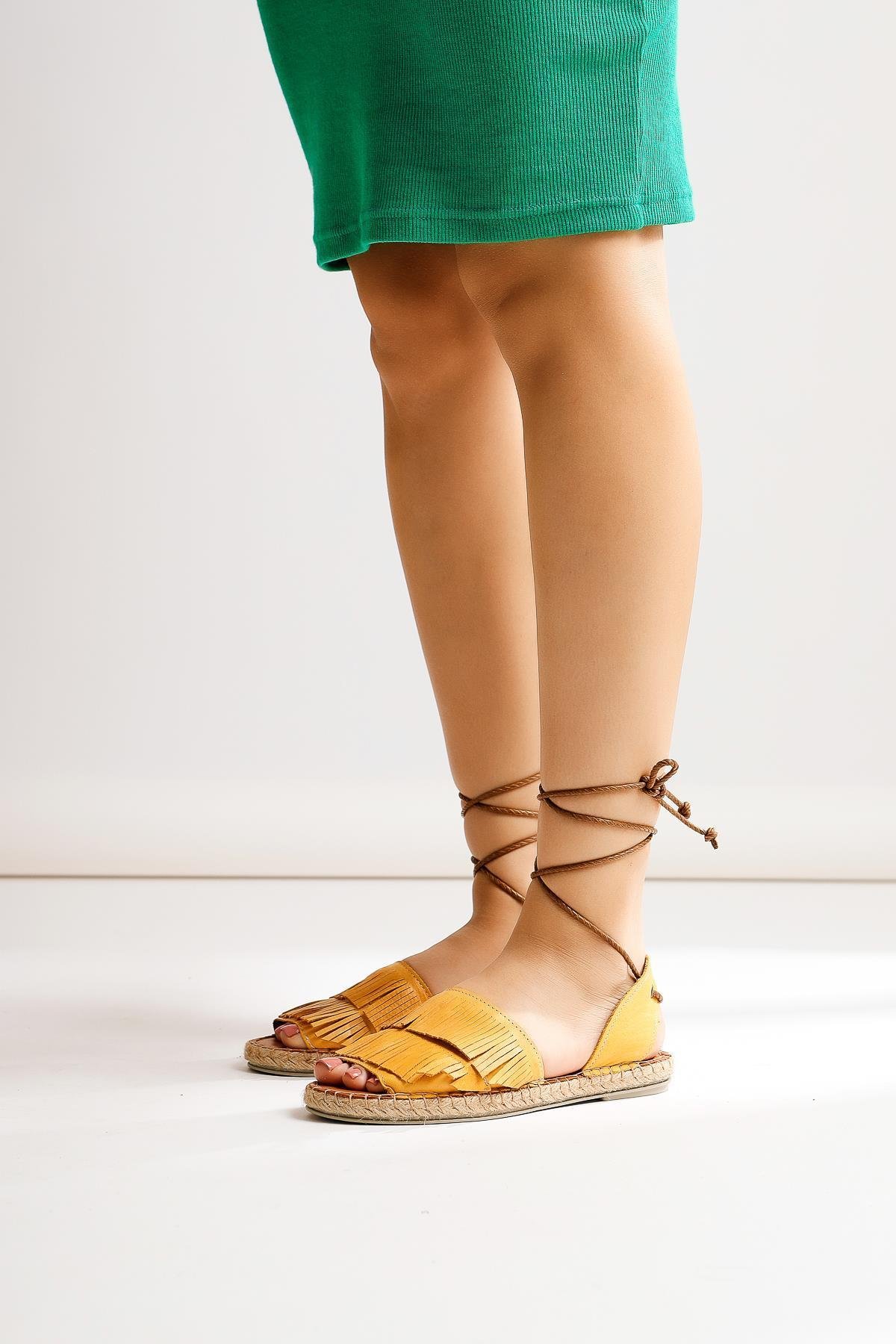 Hakiki Deri Inass Hardal Bilekten Bağlamalı Sandalet