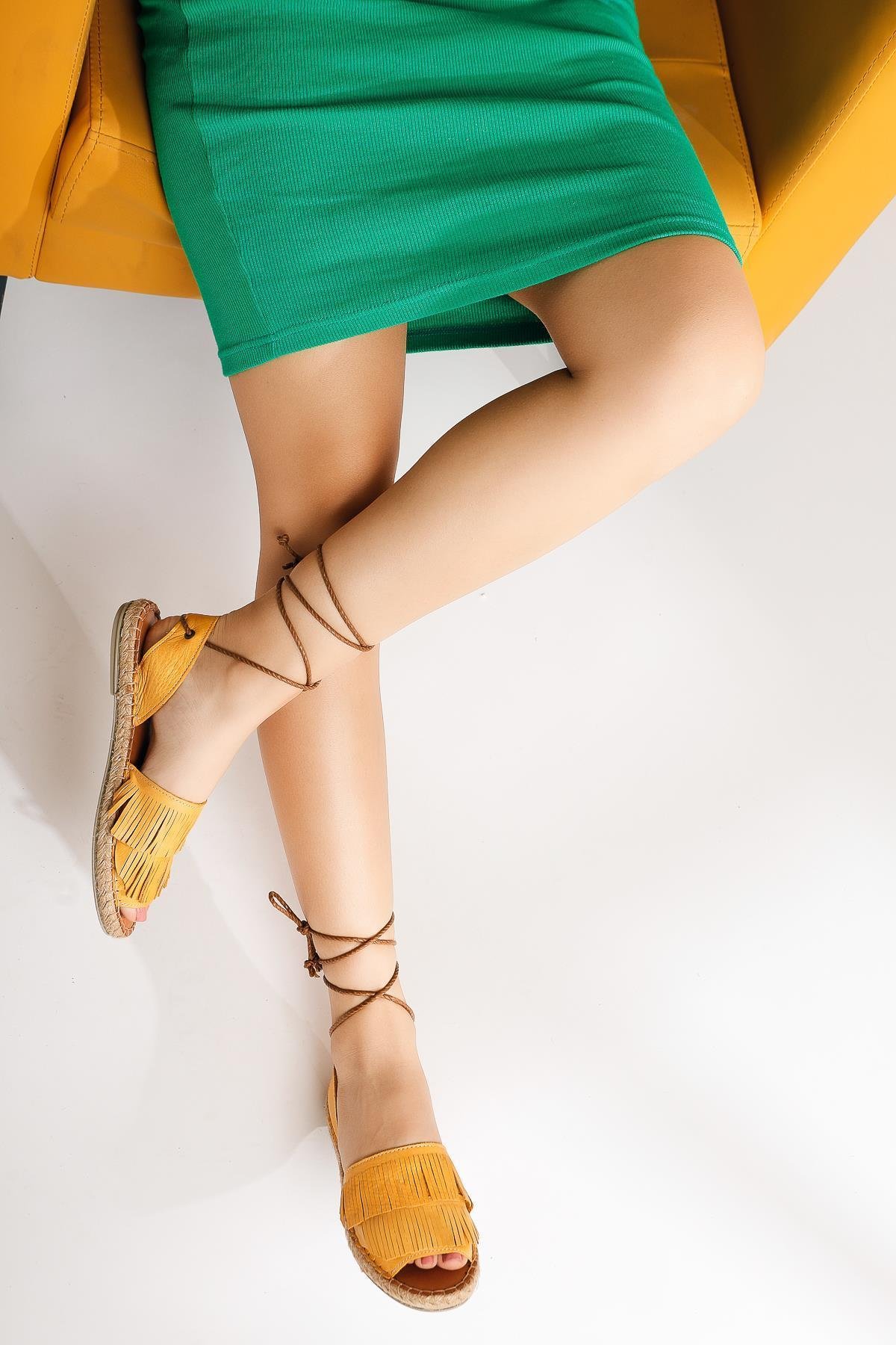 Hakiki Deri Inass Hardal Bilekten Bağlamalı Sandalet