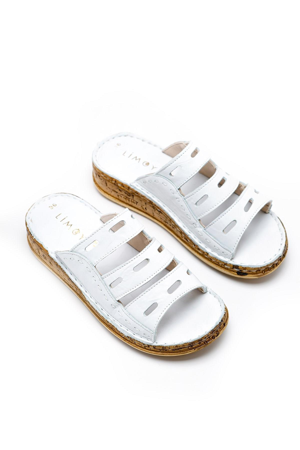 Hakiki Deri Joelle Beyaz Comfort Lazer Kesim Terlik