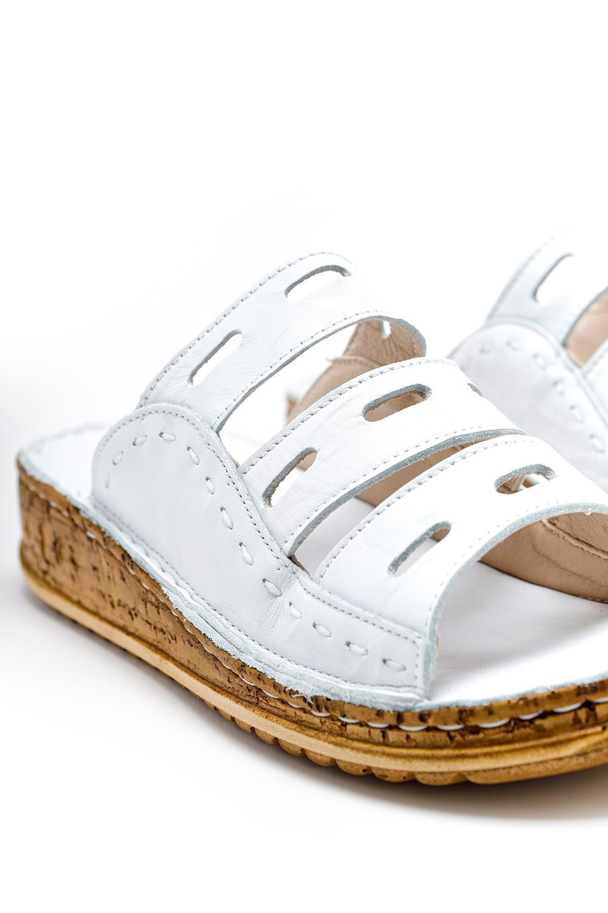 Hakiki Deri Joelle Beyaz Comfort Lazer Kesim Terlik