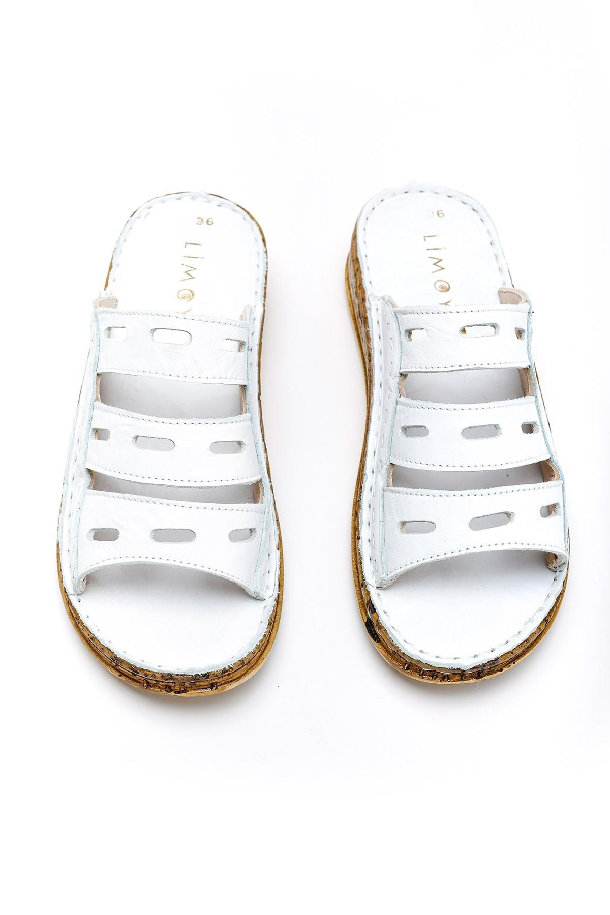 Hakiki Deri Joelle Beyaz Comfort Lazer Kesim Terlik