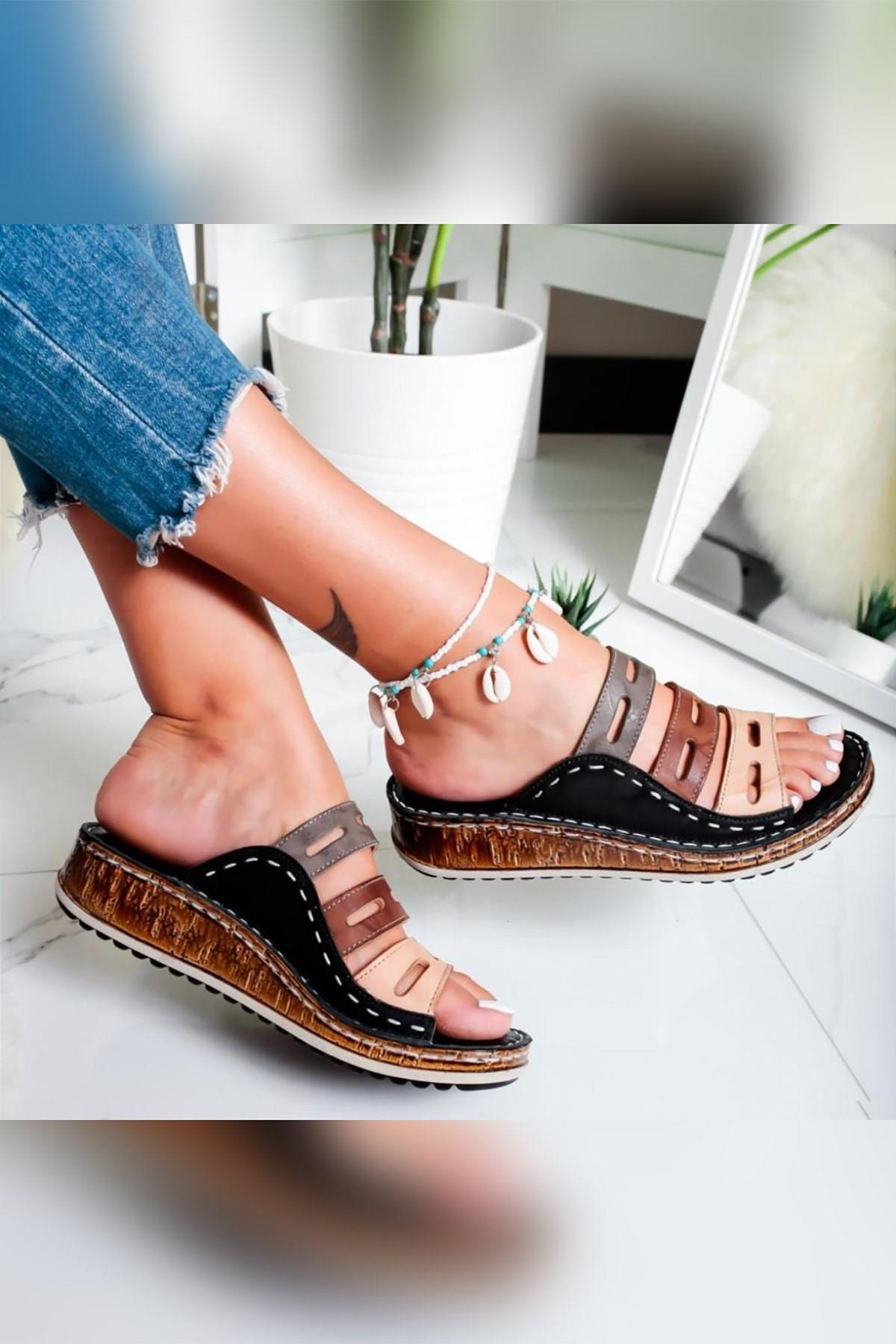 Hakiki Deri Joelle Siyah Comfort Lazer Kesim Terlik