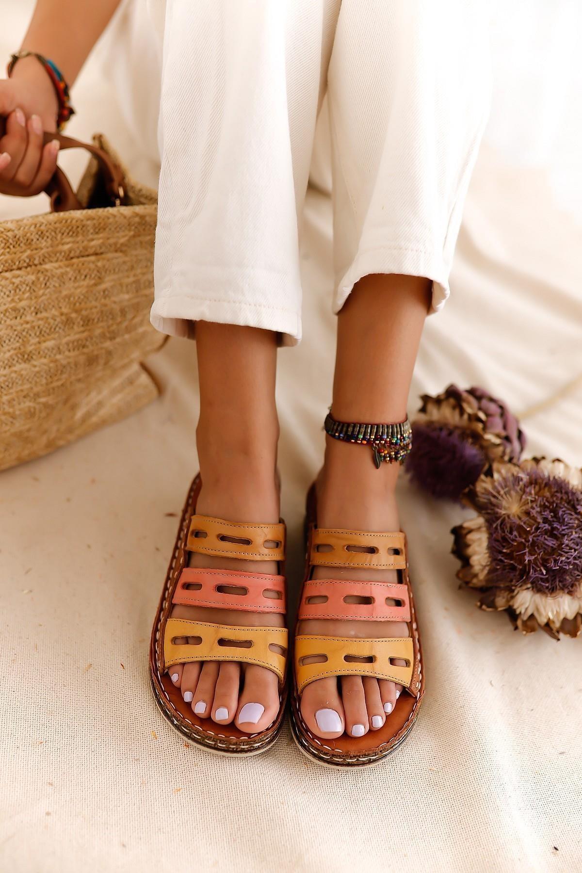 Hakiki Deri Katrina Taba Hardal Portakal Comfort Lazer Kesim Terlik