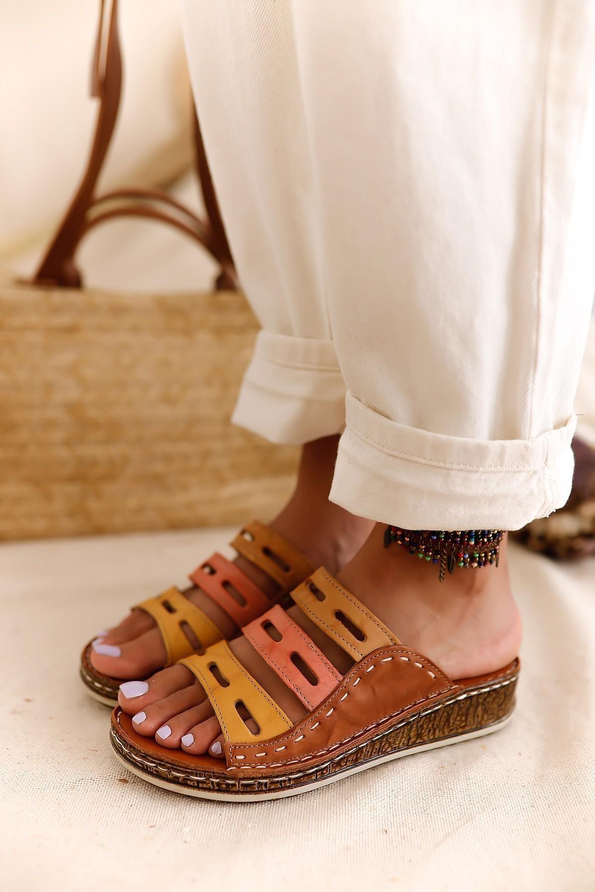 Hakiki Deri Katrina Taba Hardal Portakal Comfort Lazer Kesim Terlik