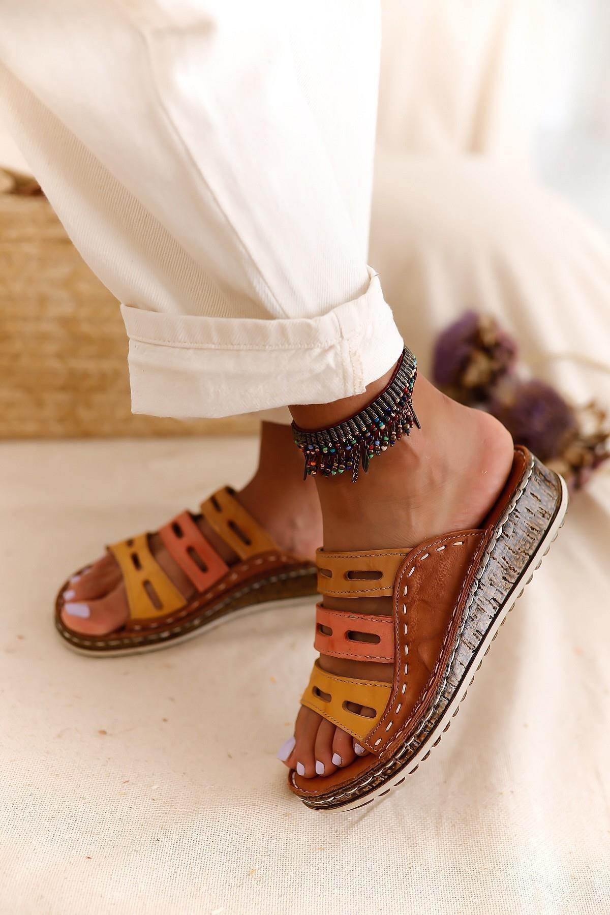 Hakiki Deri Katrina Taba Hardal Portakal Comfort Lazer Kesim Terlik