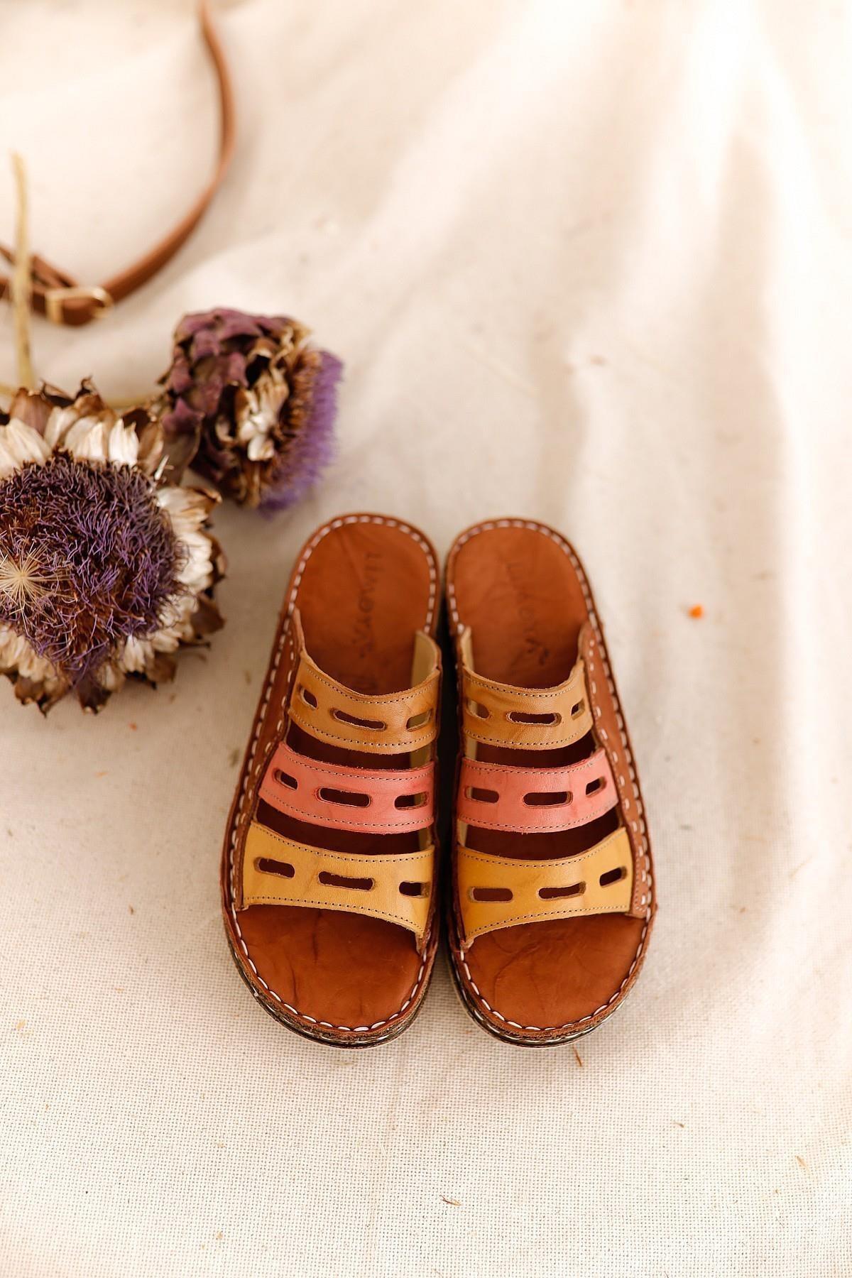 Hakiki Deri Katrina Taba Hardal Portakal Comfort Lazer Kesim Terlik