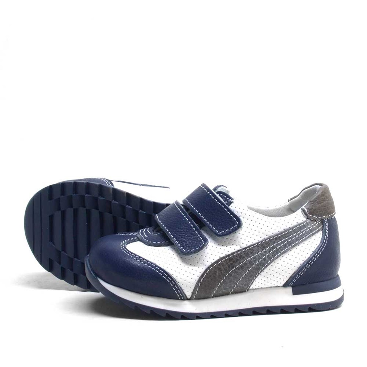 Hakiki Deri Lacivert Gri Cırtlı Erkek Bebek Spor Ayakkabı