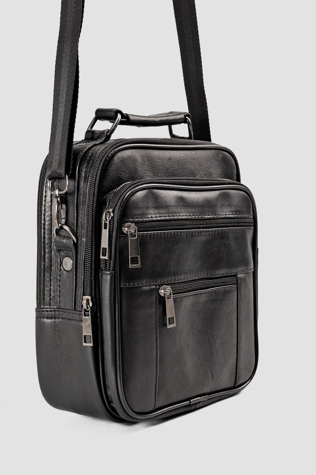 Hakiki Deri Siyah Çok Gözlü Erkek Omuz ve El Çantası EC751-S