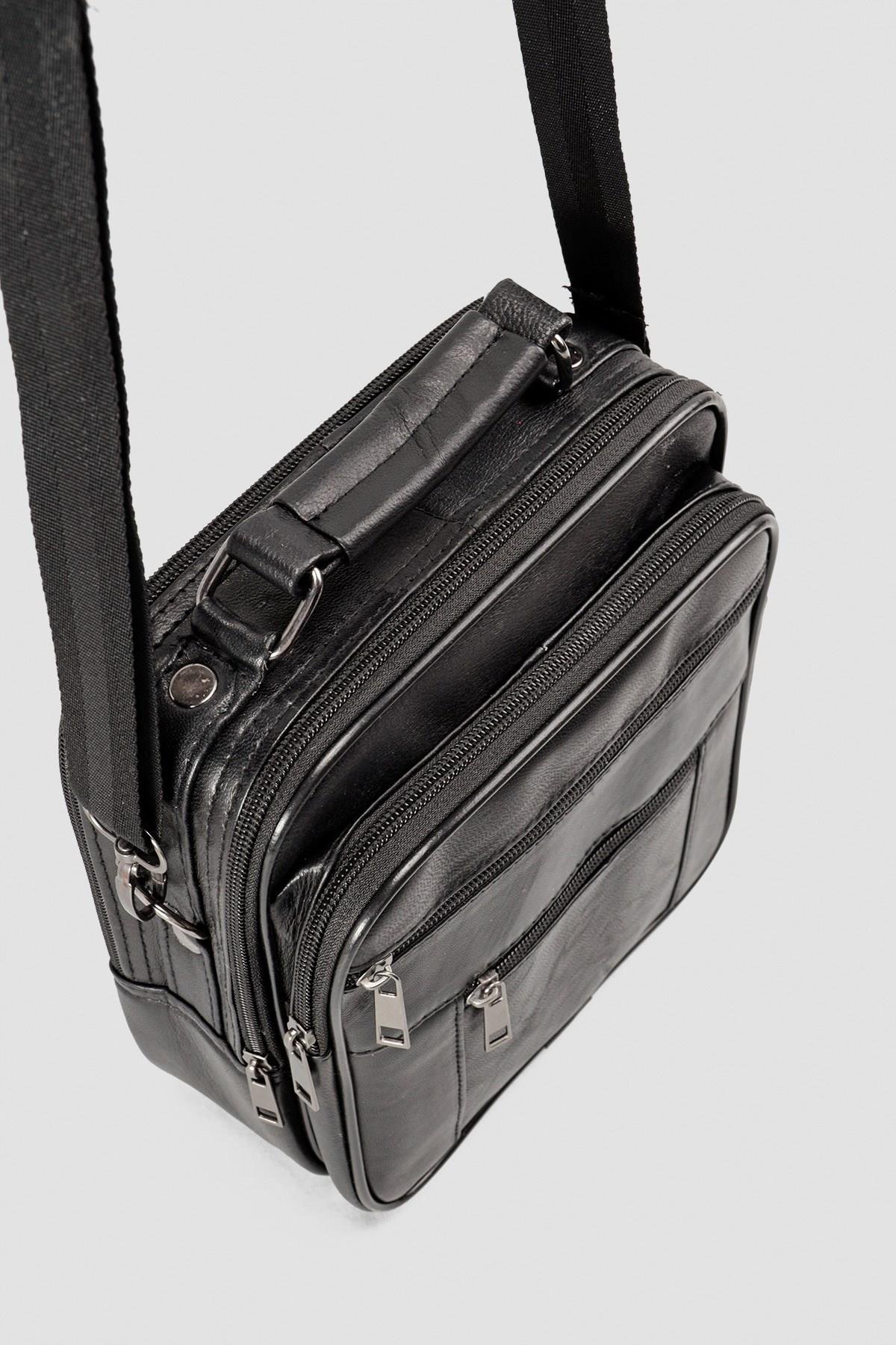 Hakiki Deri Siyah Çok Gözlü Erkek Omuz ve El Çantası EC751-S