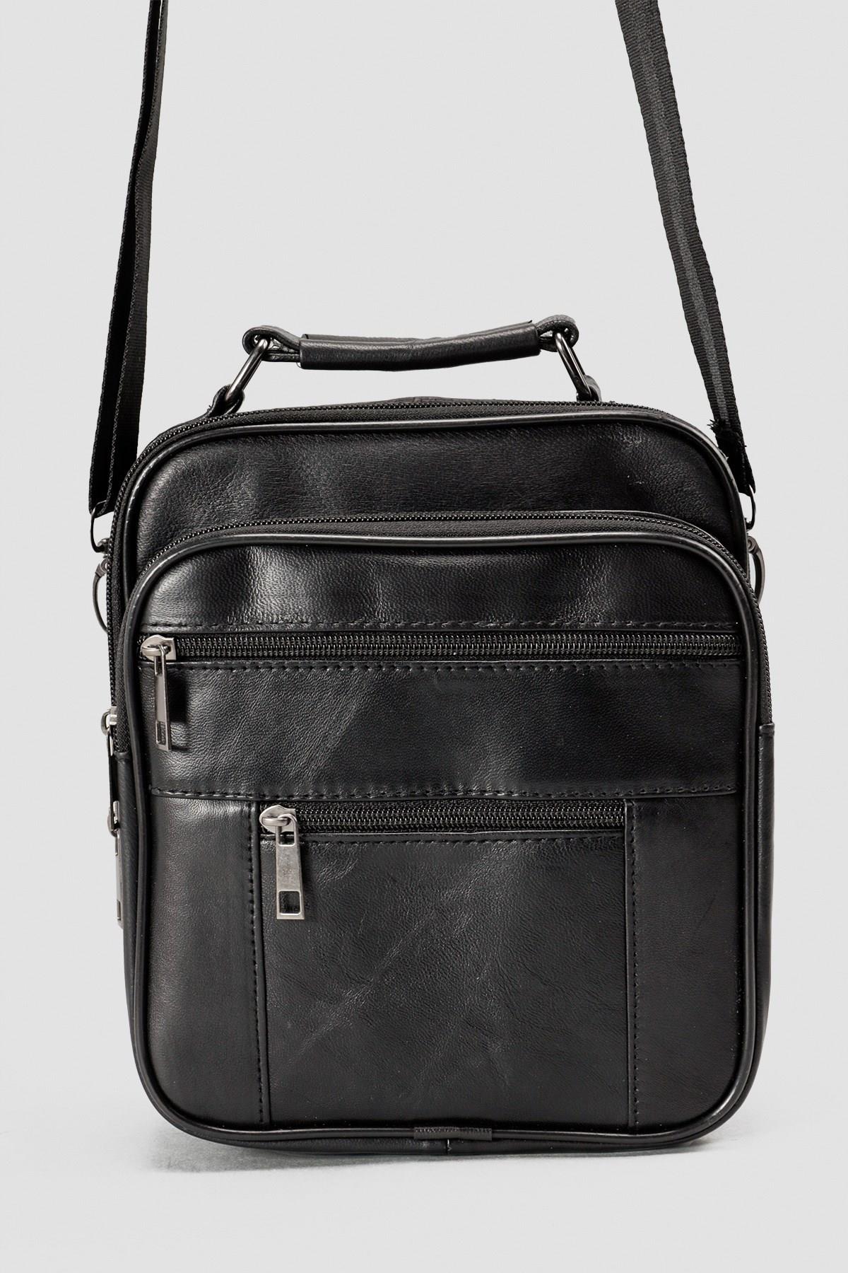 Hakiki Deri Siyah Çok Gözlü Erkek Omuz ve El Çantası EC751-S