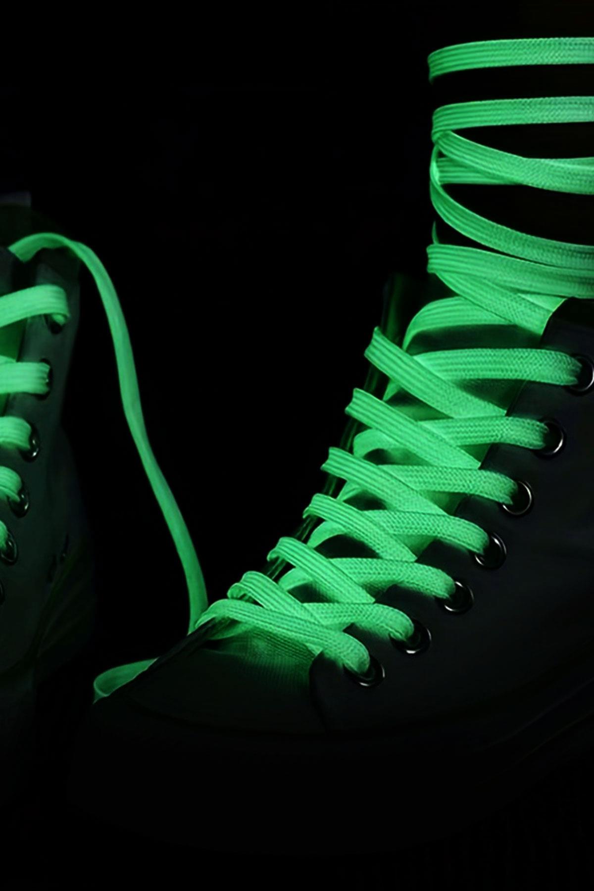 Fosforlu Neon 1 cm Kalınlığında Yeşil Renk 1 Çift Yassı Spor Ayakkabı Bağcığı