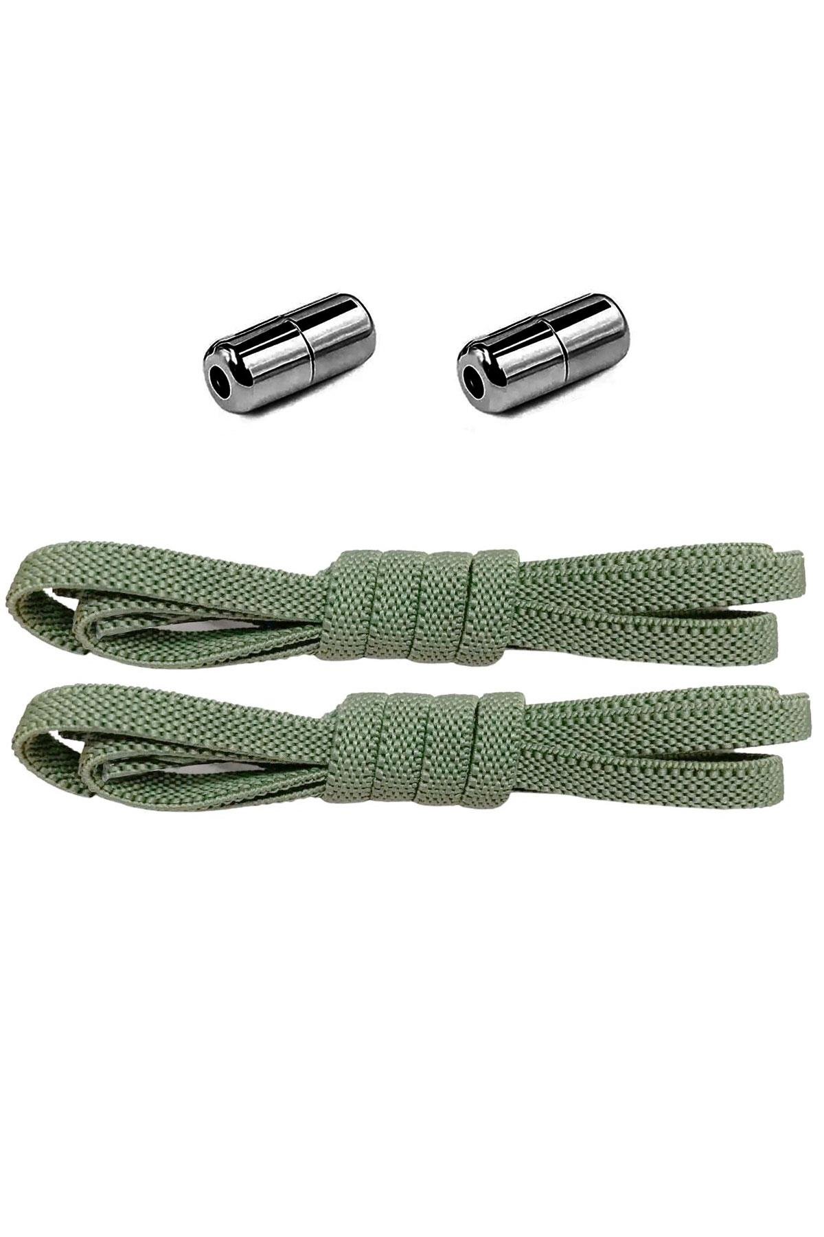 Ayarlanabilir 1 Çift Haki Yeşil Vidalı Kapsül Uçlu 6 MM Lastik Pratik Bağcık
