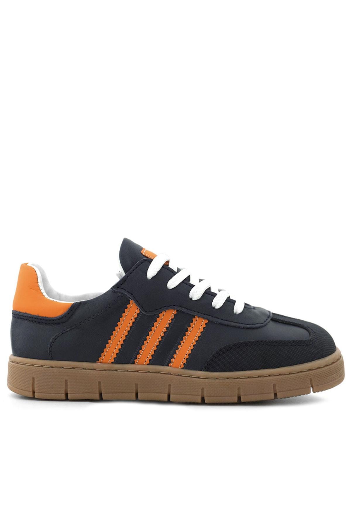 Hakiki Deri Lacivert Turuncu Bağcıklı Fermuarlı Çocuk Sneakers Ayakkabı
