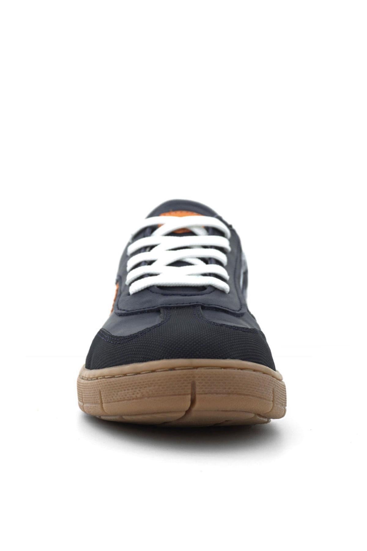Hakiki Deri Lacivert Turuncu Bağcıklı Fermuarlı Çocuk Sneakers Ayakkabı