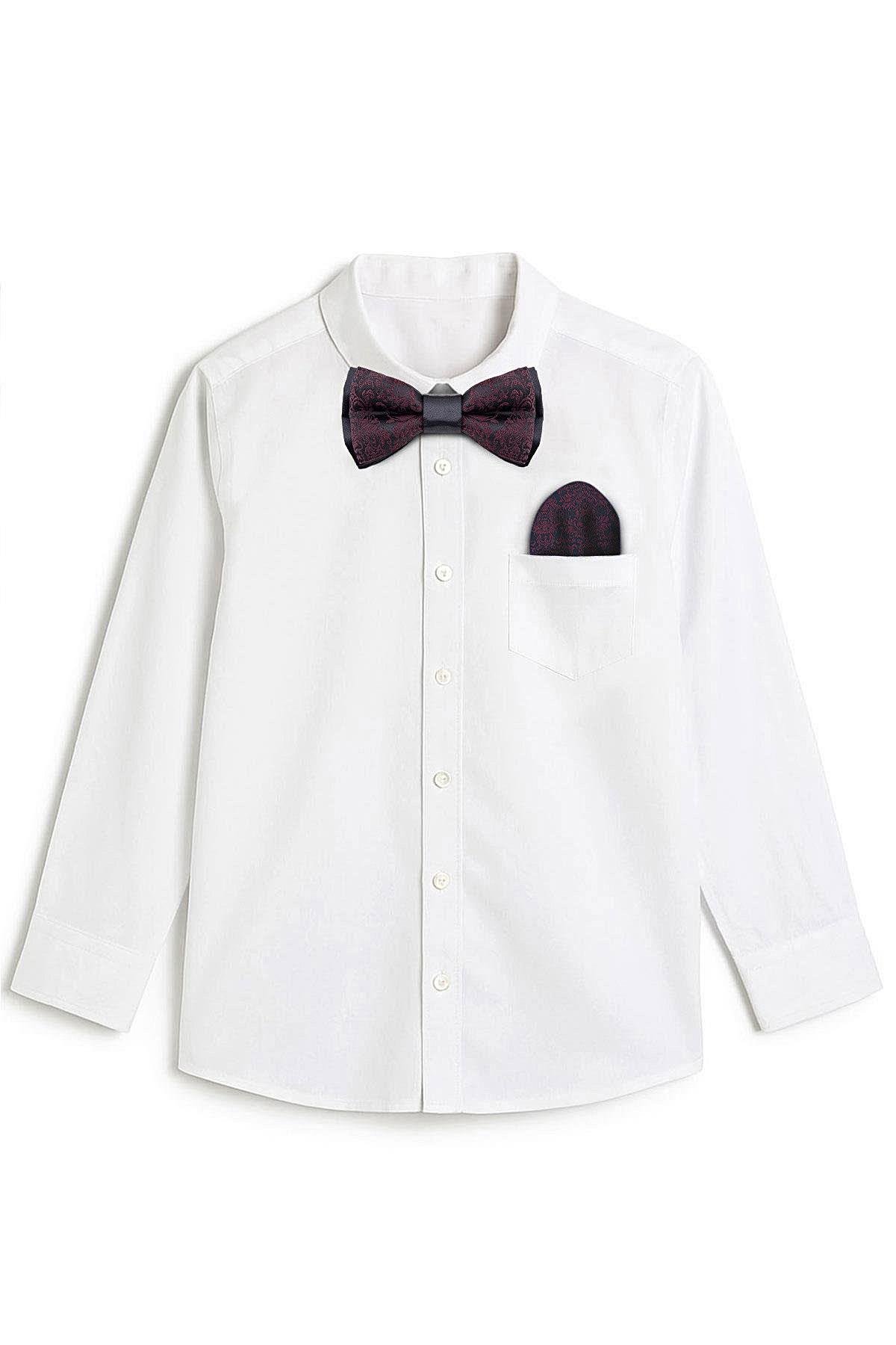 Bordo Jakarlı Ayarlanabilir Saten Çocuk Papyon ve Mendil Seti