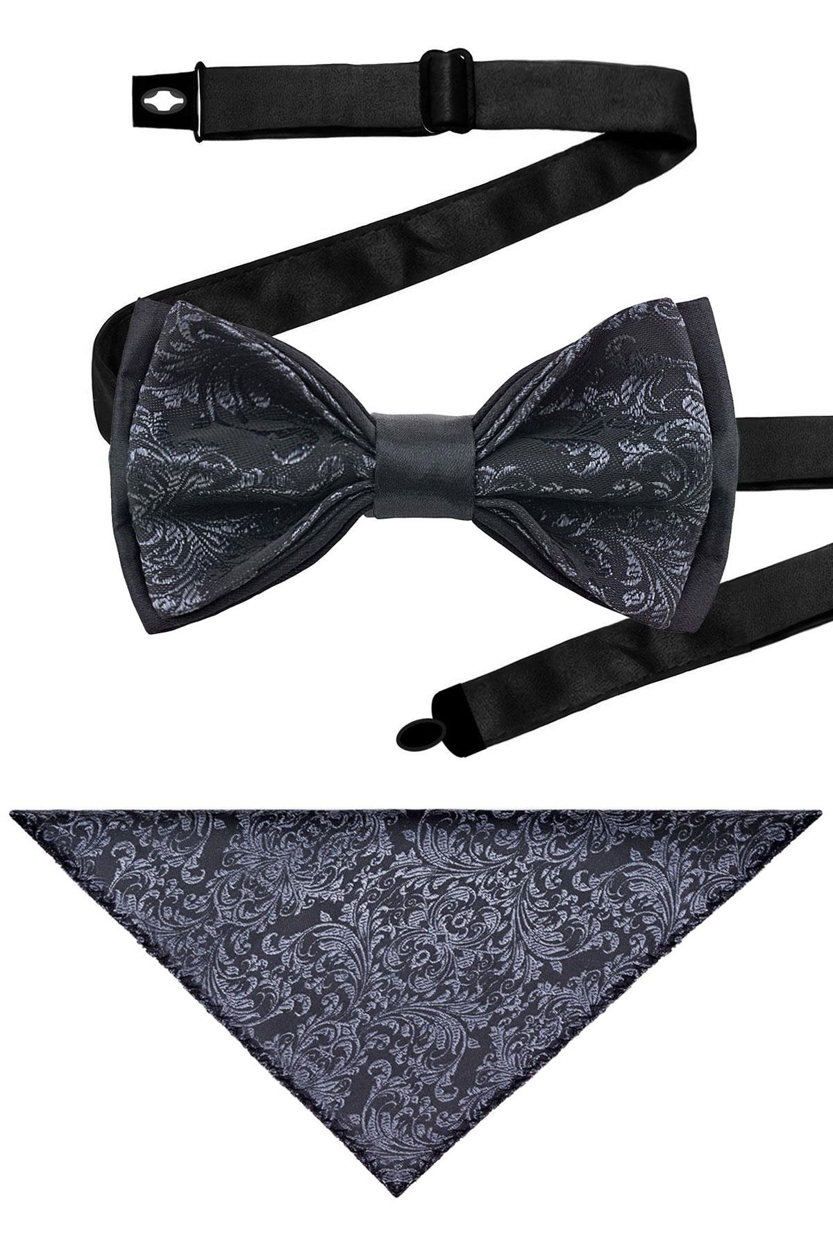 Siyah Jakarlı Ayarlanabilir Saten Çocuk Papyon ve Mendil Seti