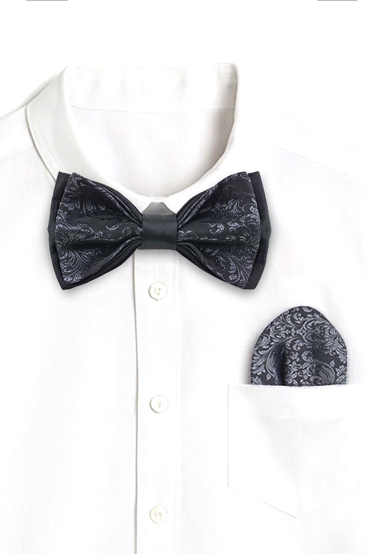 Siyah Jakarlı Ayarlanabilir Saten Çocuk Papyon ve Mendil Seti