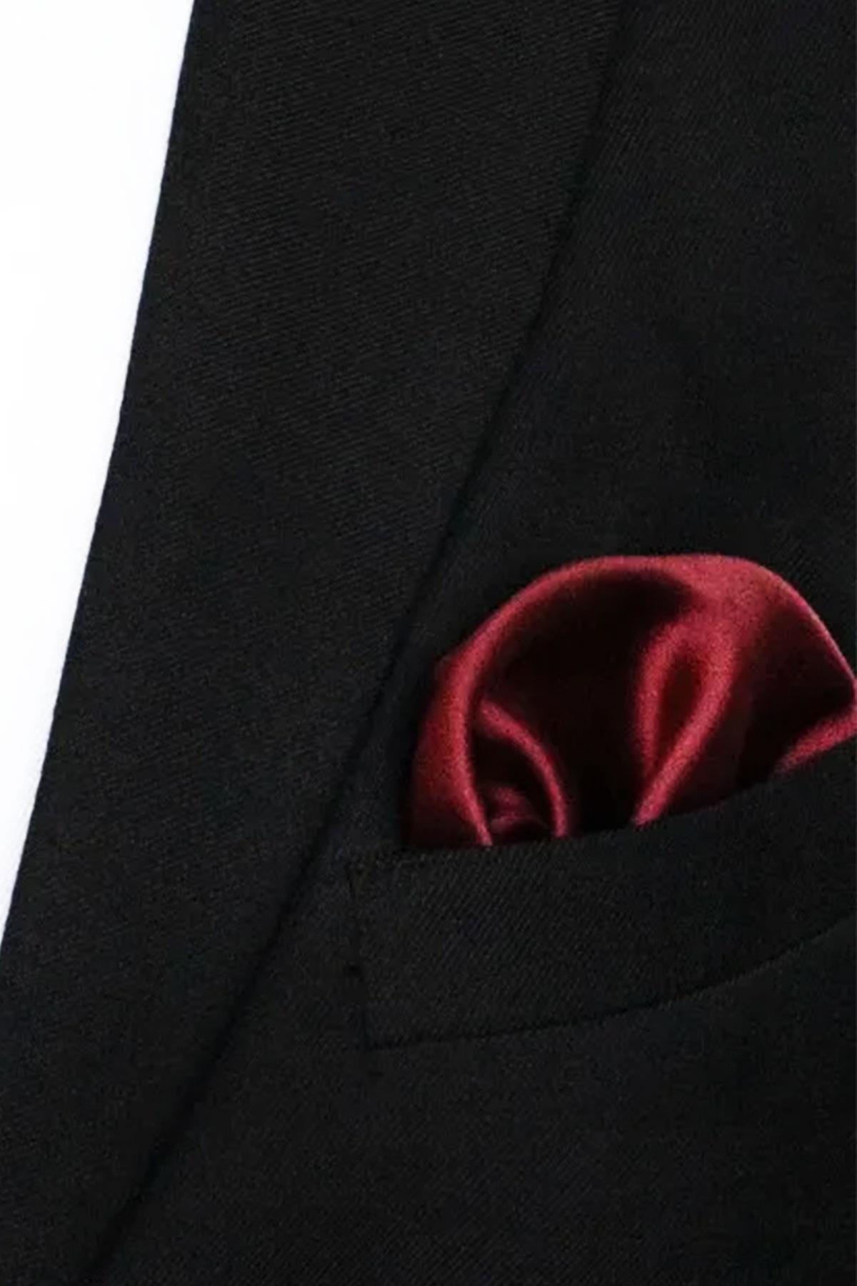 Bordo Ayarlanabilir Saten Kravat ve Mendil Seti