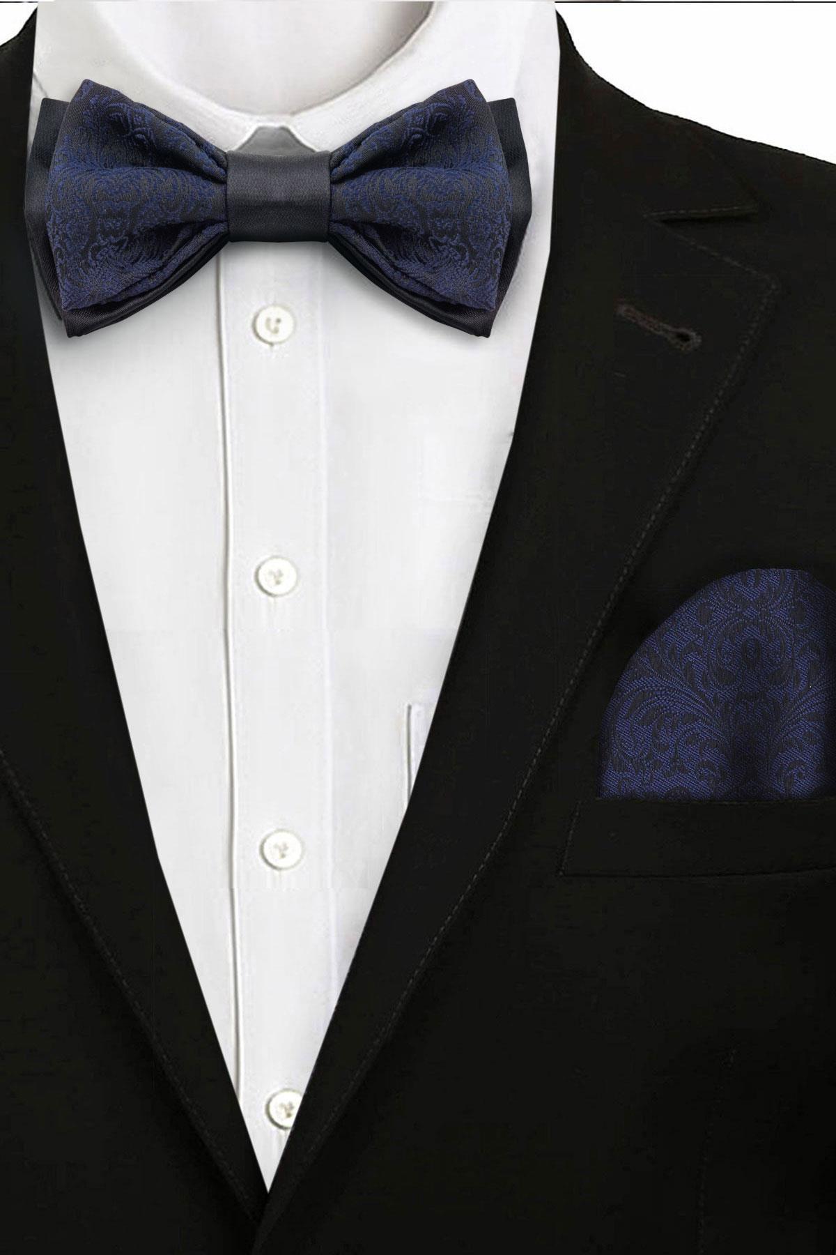 Lacivert Jakarlı Ayarlanabilir Saten Çocuk Papyon ve Mendil Seti