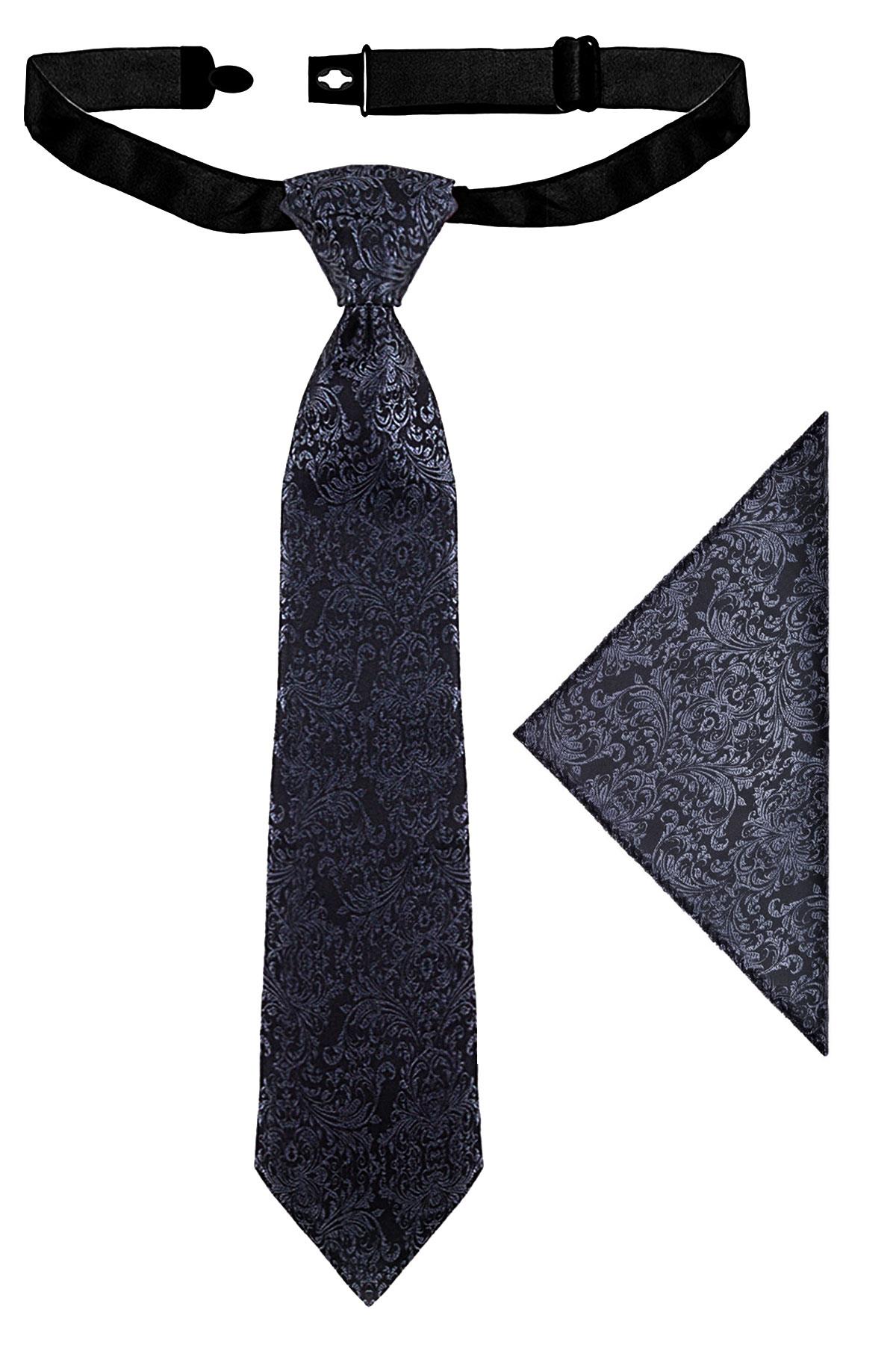 Siyah Jakarlı Ayarlanabilir Saten Çocuk Kravat ve Mendil Seti