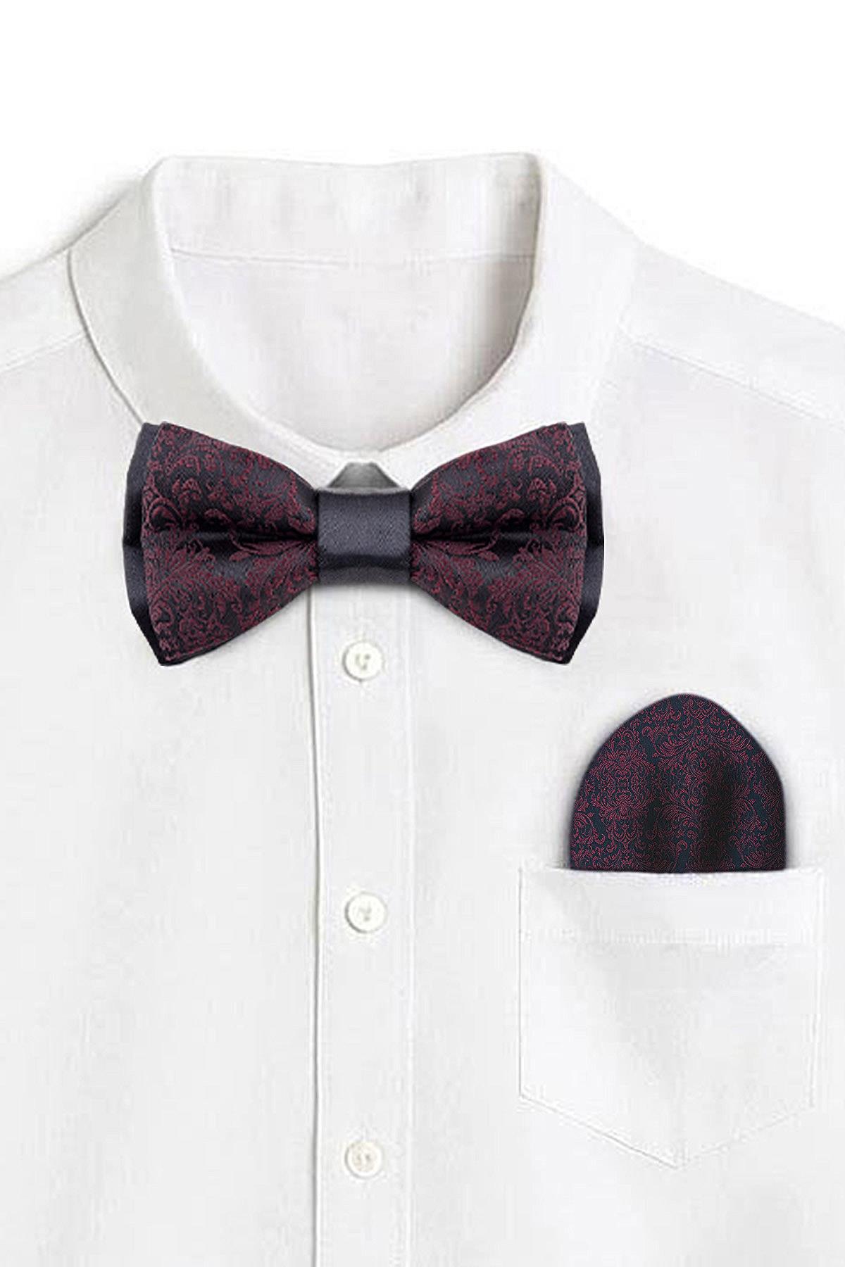 Bordo Jakarlı Ayarlanabilir Saten Çocuk Papyon ve Mendil Seti