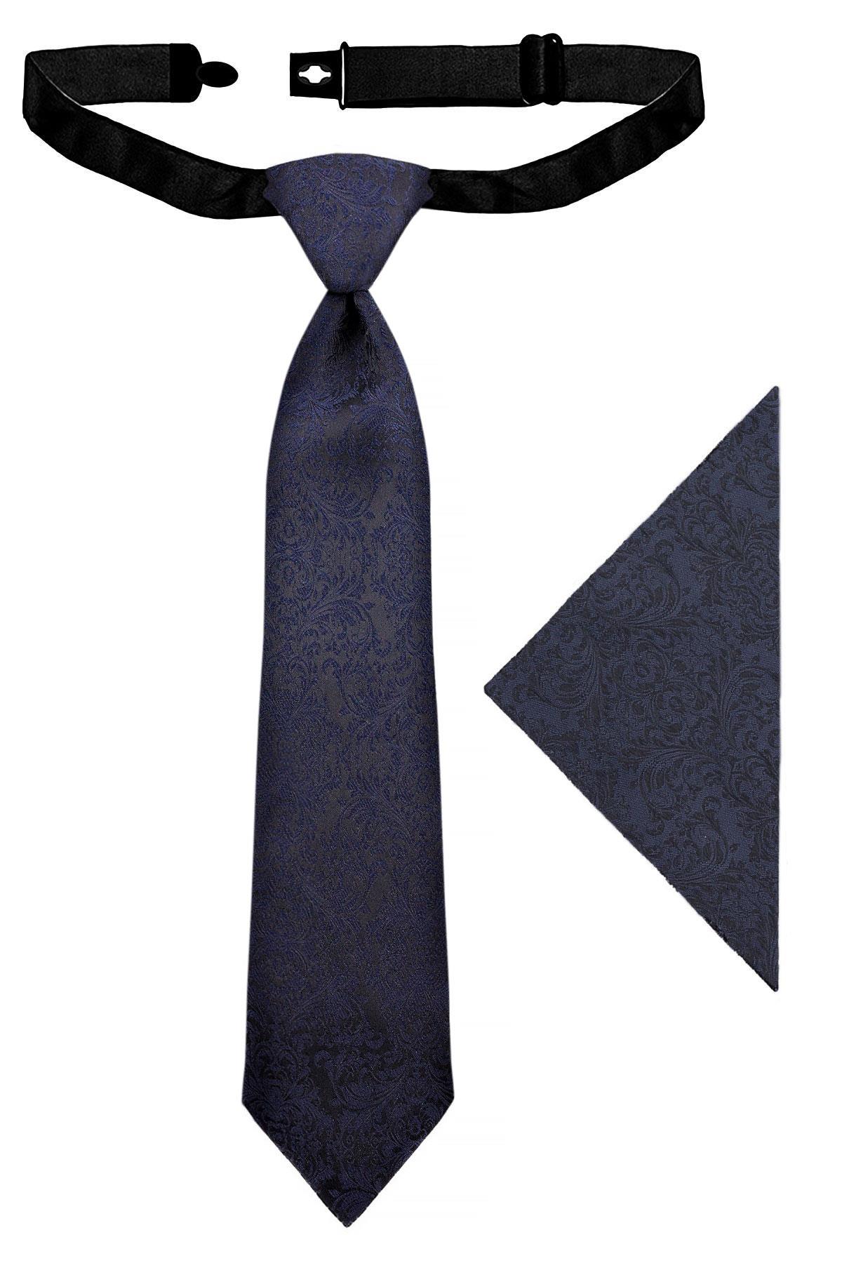 Lacivert Jakarlı Ayarlanabilir Saten Çocuk Kravat ve Mendil Seti
