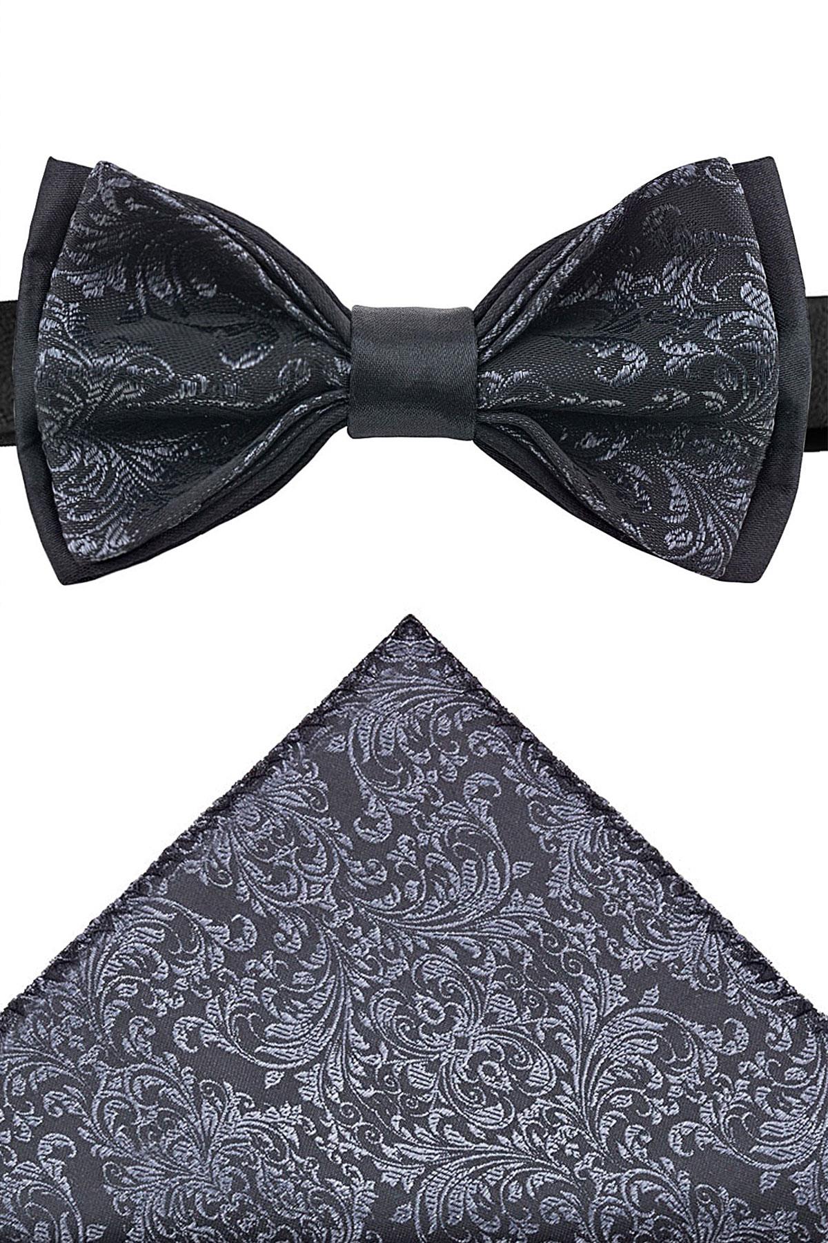 Siyah Jakarlı Ayarlanabilir Saten Çocuk Papyon ve Mendil Seti