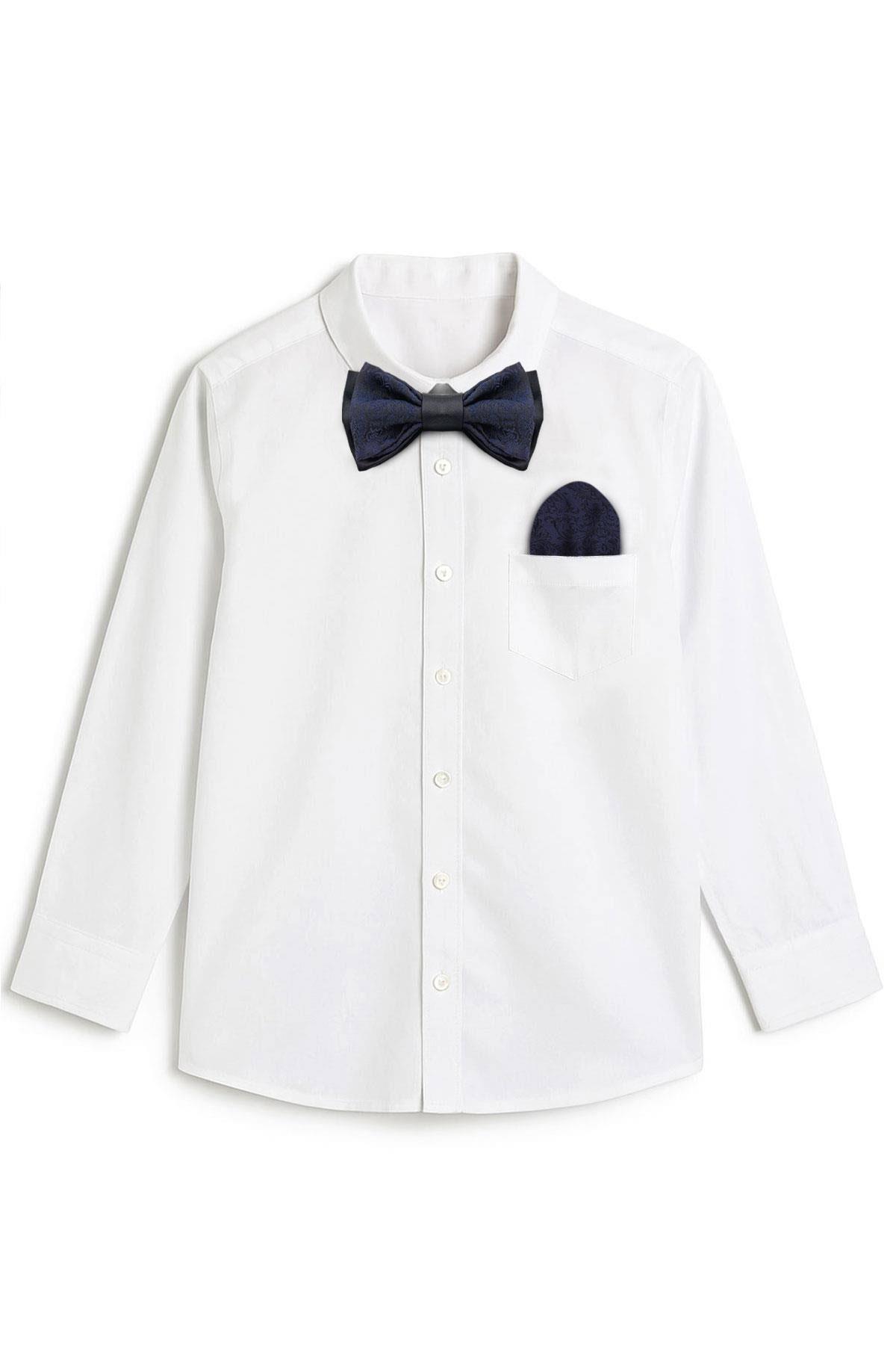 Lacivert Jakarlı Ayarlanabilir Saten Çocuk Papyon ve Mendil Seti