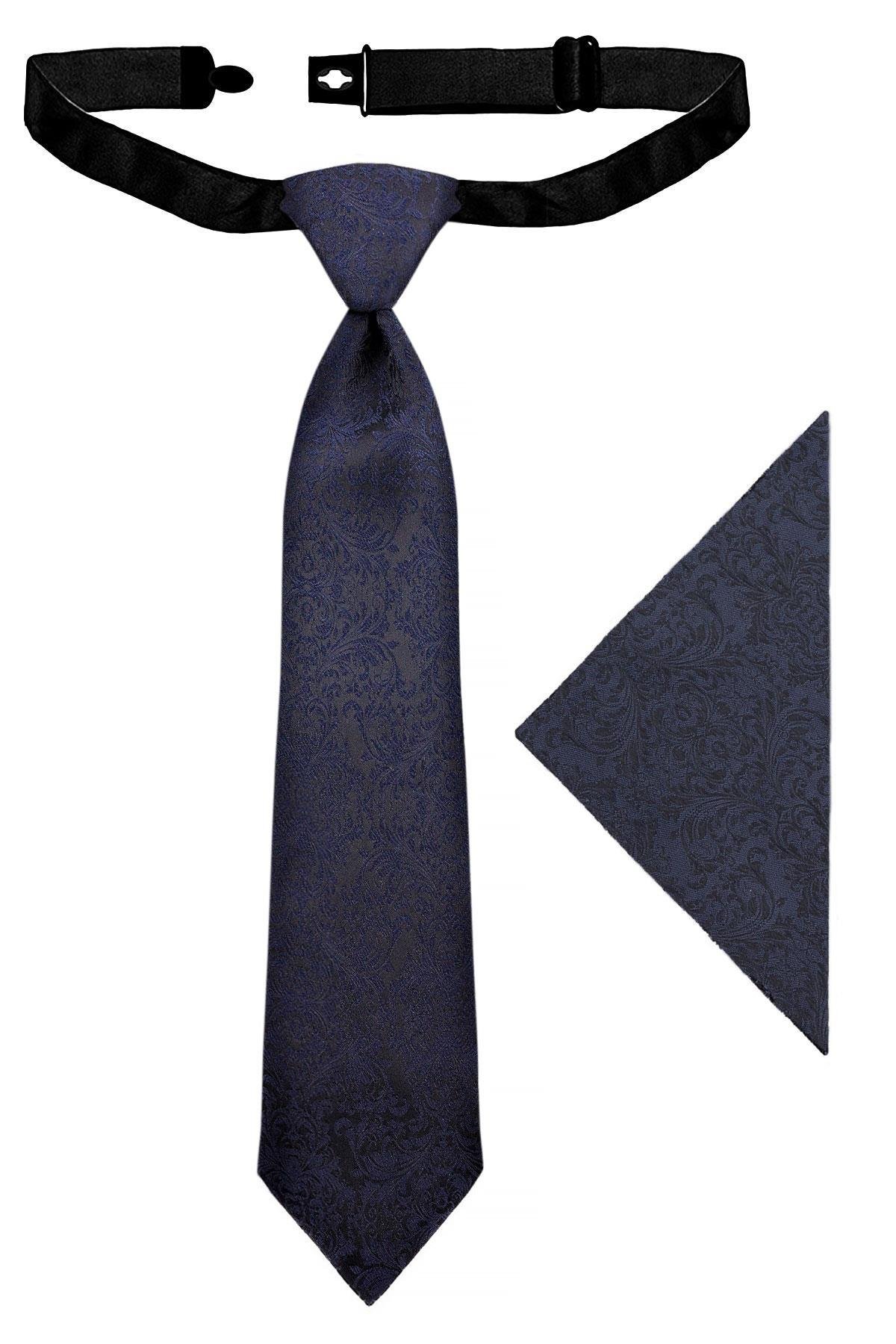 Lacivert Jakarlı Ayarlanabilir Saten Çocuk Kravat ve Mendil Seti