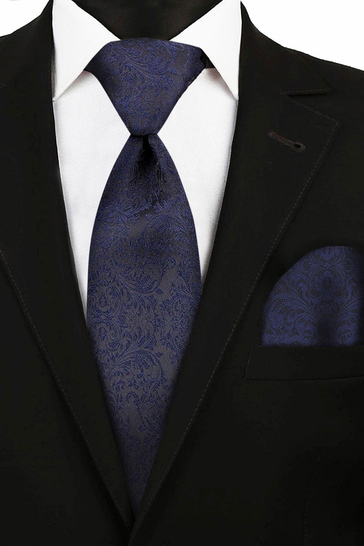 Lacivert Jakarlı Ayarlanabilir Saten Çocuk Kravat ve Mendil Seti