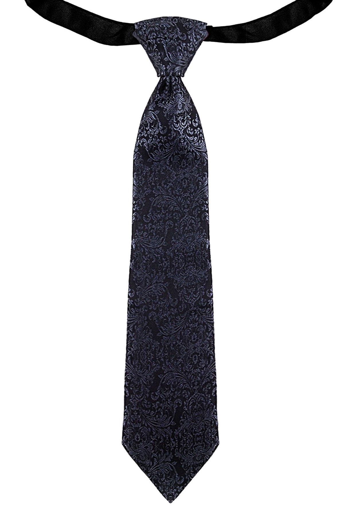 Siyah Jakarlı Ayarlanabilir Saten Çocuk Kravat ve Mendil Seti