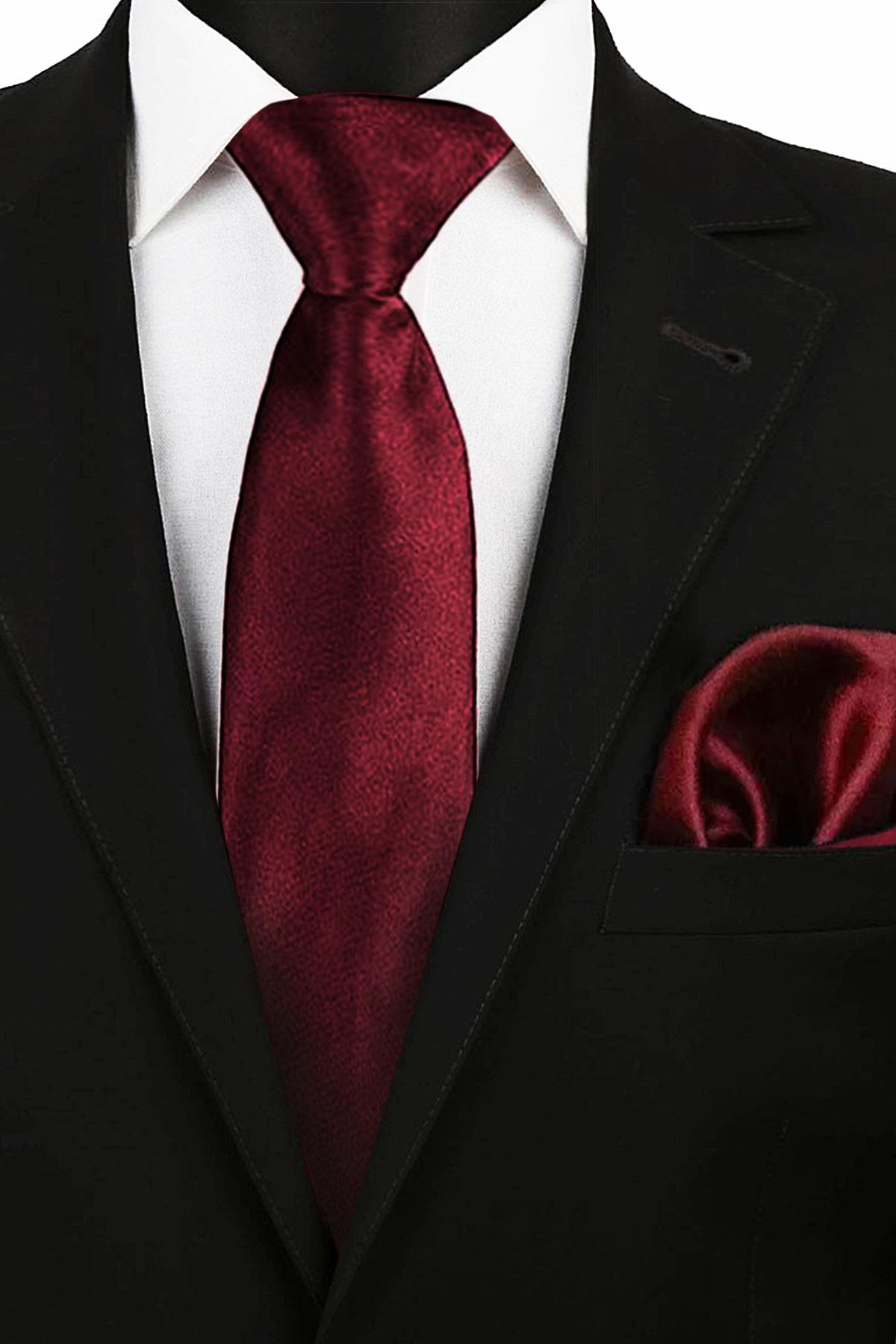 Bordo Ayarlanabilir Saten Kravat ve Mendil Seti