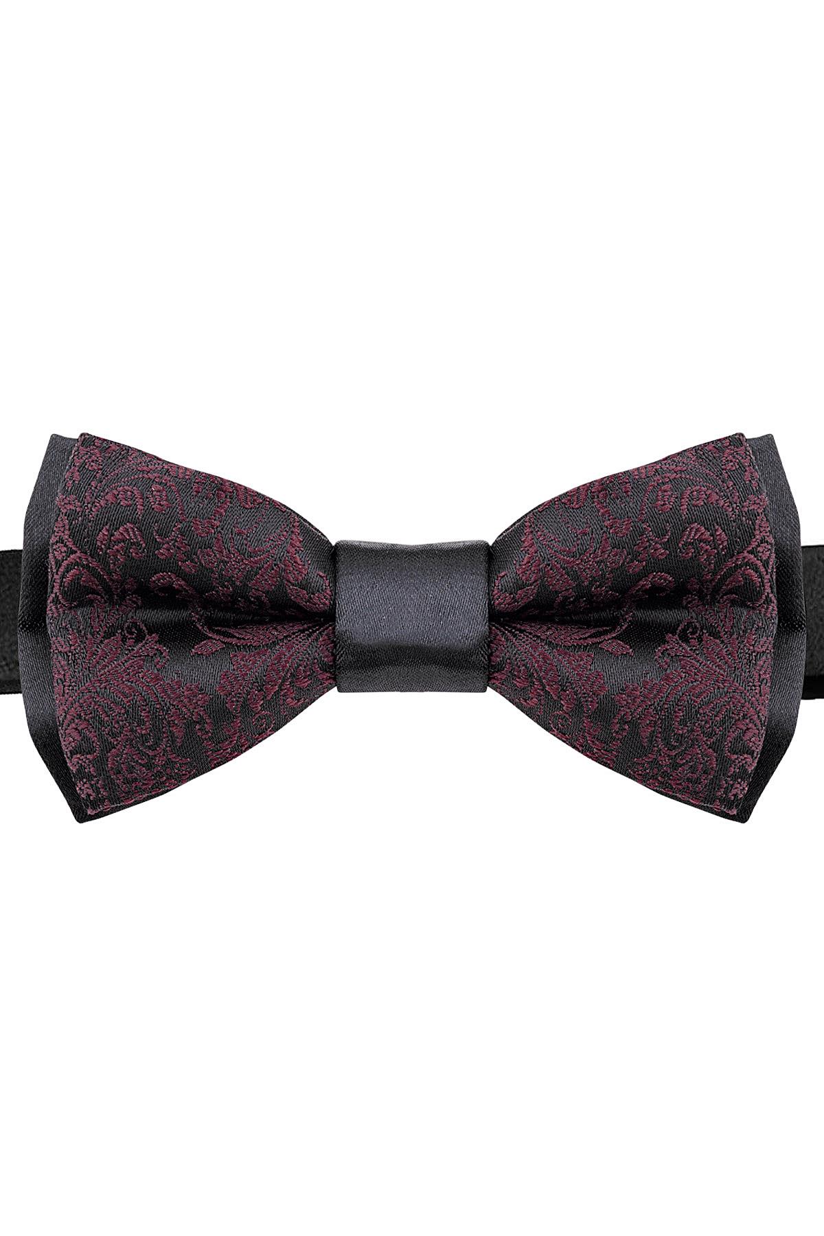 Bordo Jakarlı Ayarlanabilir Saten Çocuk Papyon ve Mendil Seti