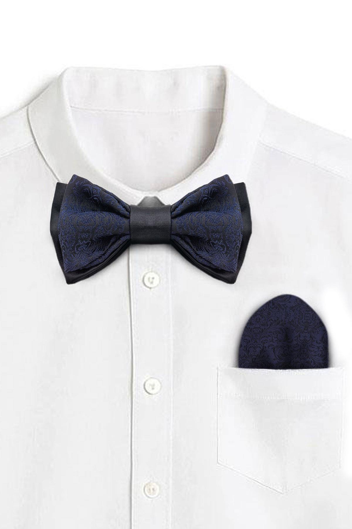 Lacivert Jakarlı Ayarlanabilir Saten Çocuk Papyon ve Mendil Seti