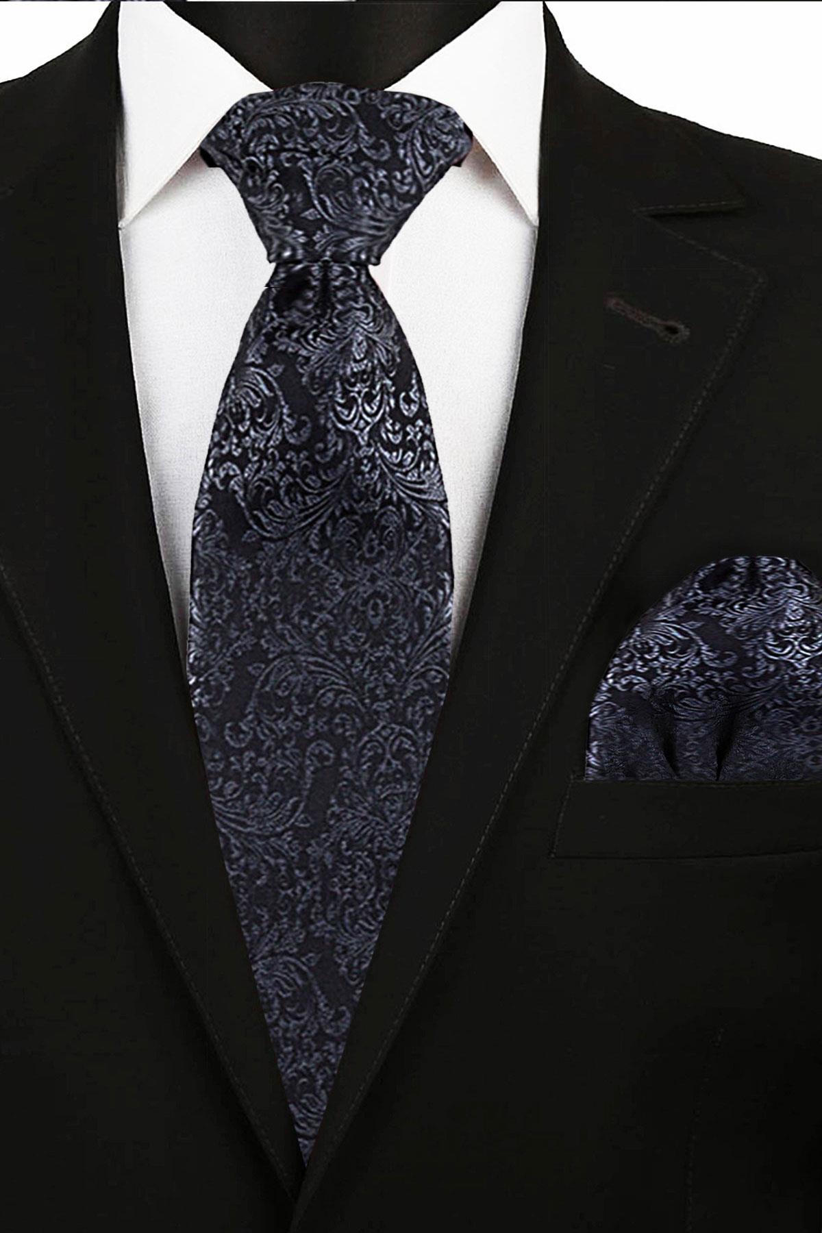 Siyah Jakarlı Ayarlanabilir Saten Çocuk Kravat ve Mendil Seti