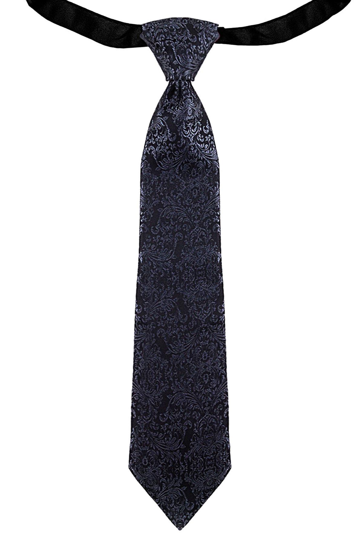 Siyah Jakarlı Ayarlanabilir Saten Çocuk Kravat ve Mendil Seti