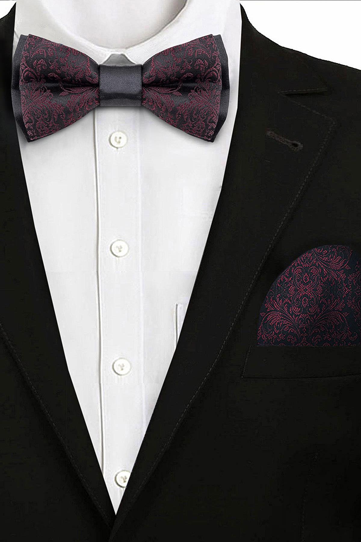 Bordo Jakarlı Ayarlanabilir Saten Çocuk Papyon ve Mendil Seti