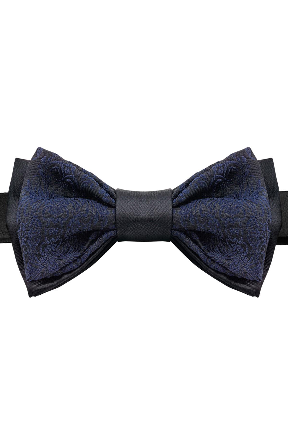 Lacivert Jakarlı Ayarlanabilir Saten Çocuk Papyon ve Mendil Seti