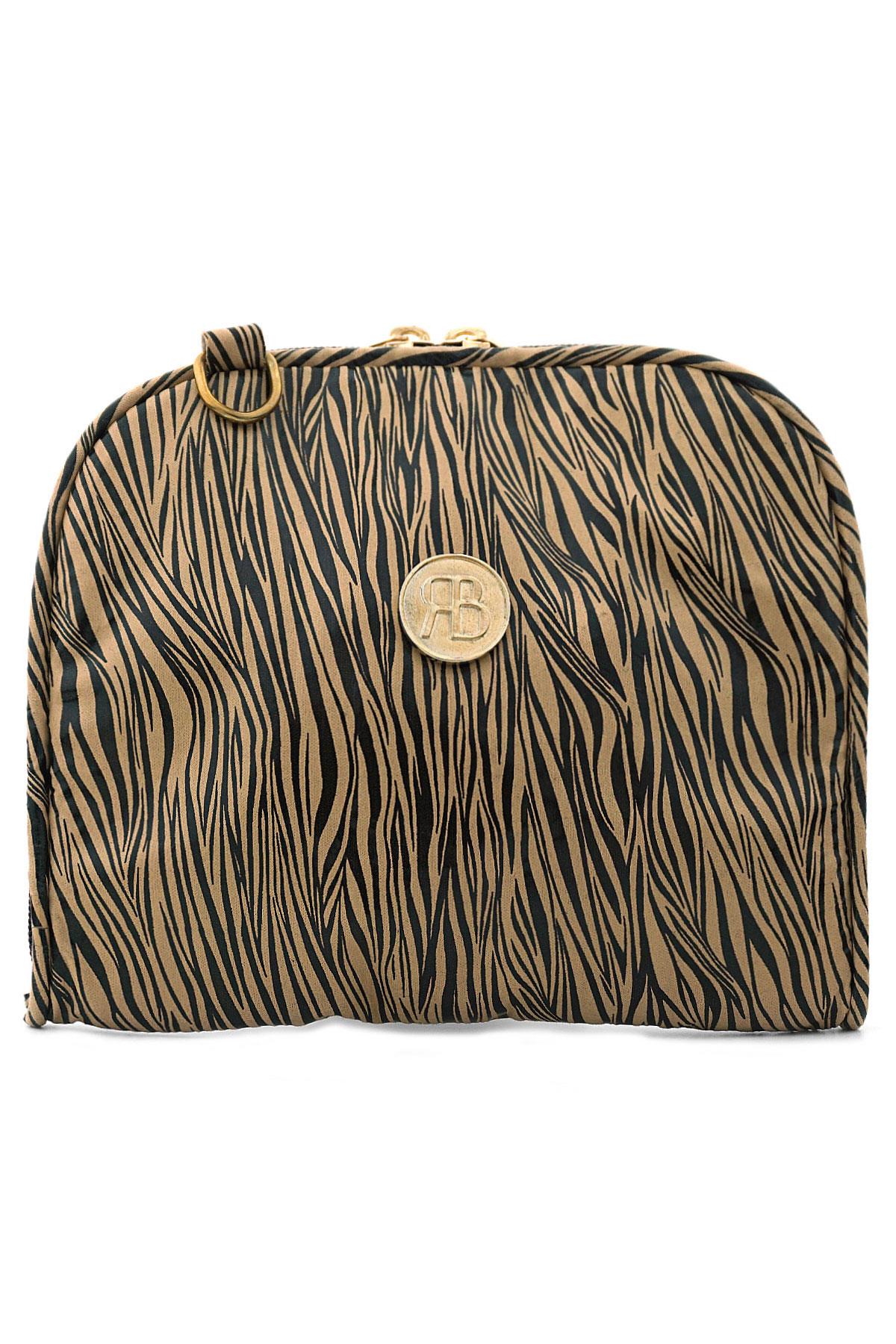 Kahverengi Krem Desenli Çift Ebat Portatif Alışveriş Çantası