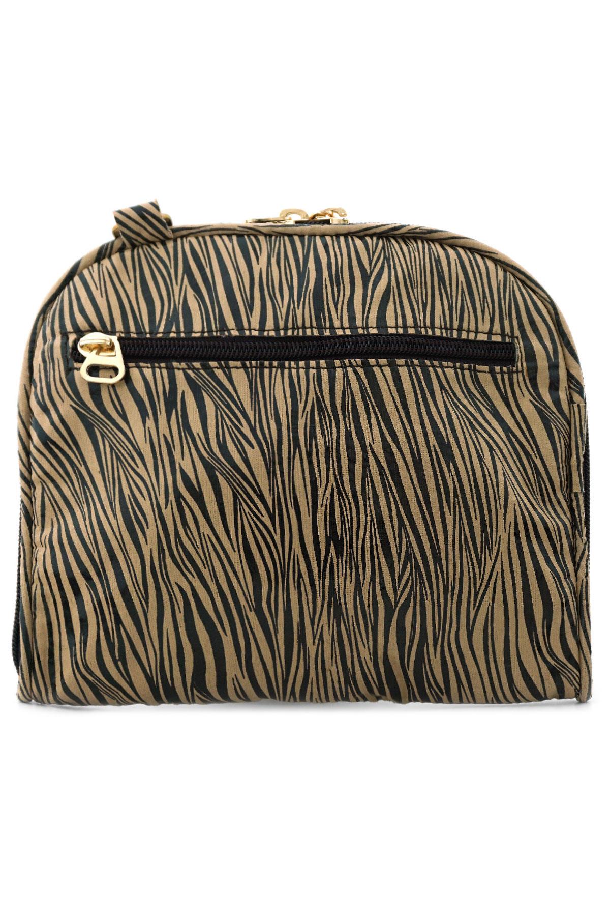 Kahverengi Krem Desenli Çift Ebat Portatif Alışveriş Çantası