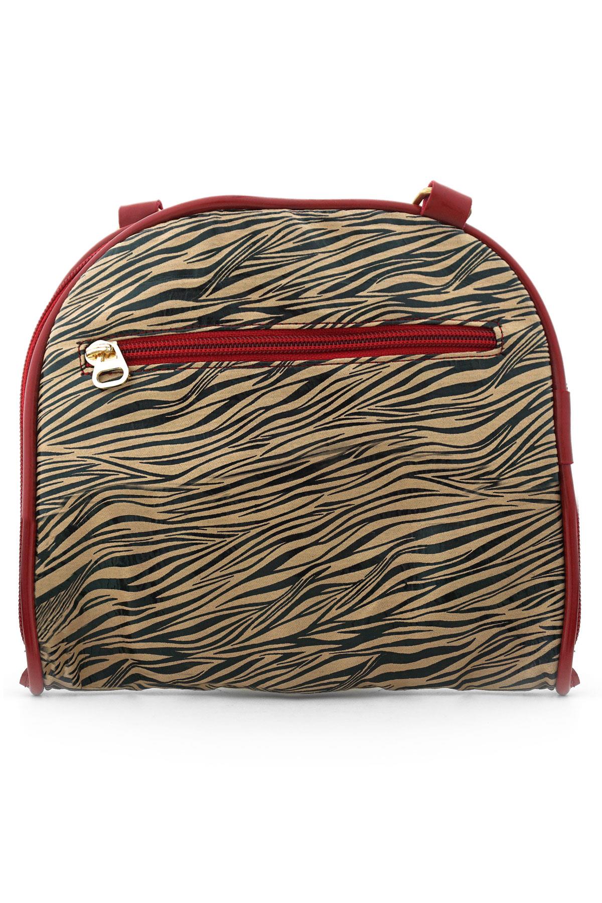 Kahverengi Siyah Desenli Kırmızı Çift Ebat Portatif Alışveriş Çantası