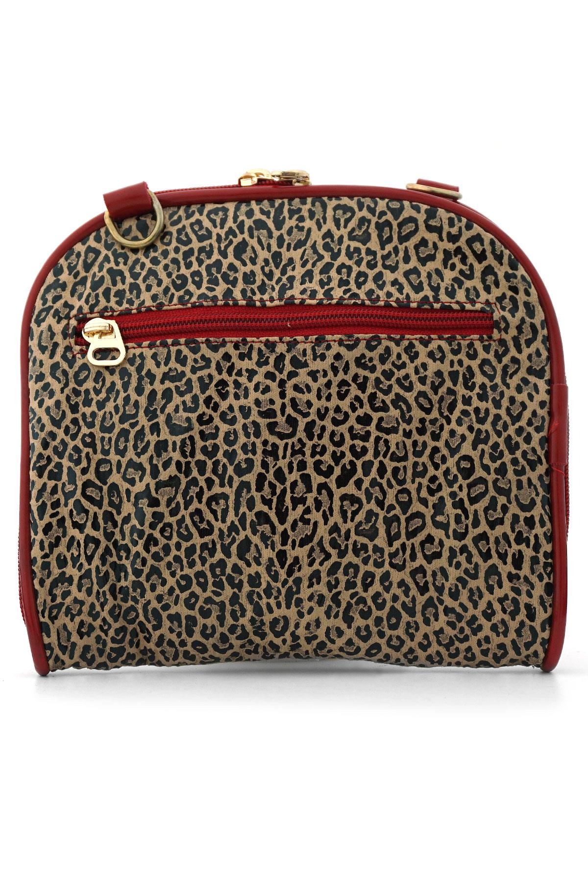 Kahverengi Leopar Desenli Kırmızı Çift Ebat Portatif Alışveriş Çantası