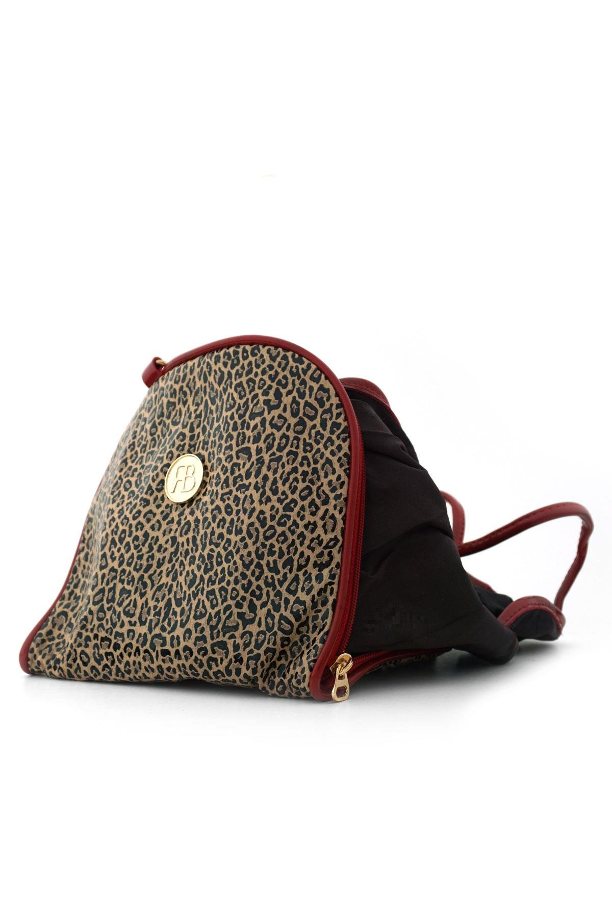 Kahverengi Leopar Desenli Kırmızı Çift Ebat Portatif Alışveriş Çantası