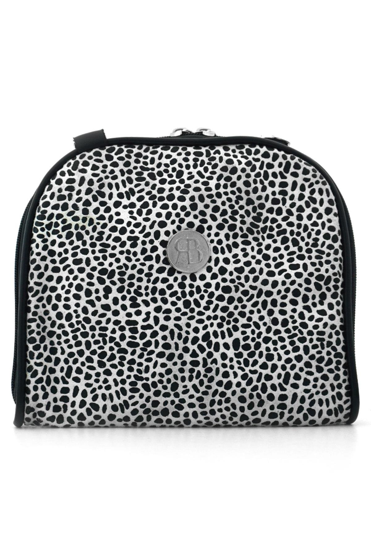 Beyaz Siyah Benekli Çift Ebat Portatif Alışveriş Çantası